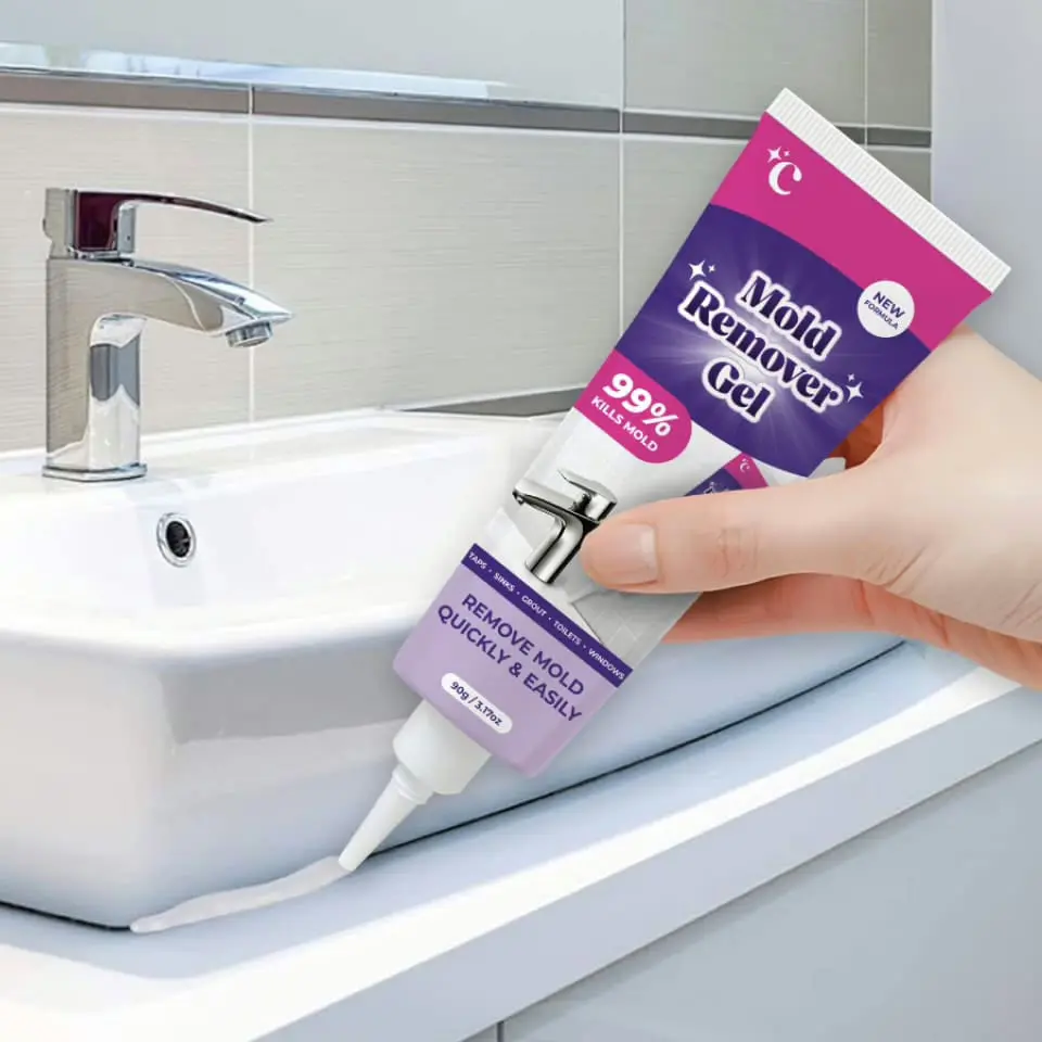 nuroclean-gel-applied-near-sink NuroClean mold remover gel applied around bathroom sink edge